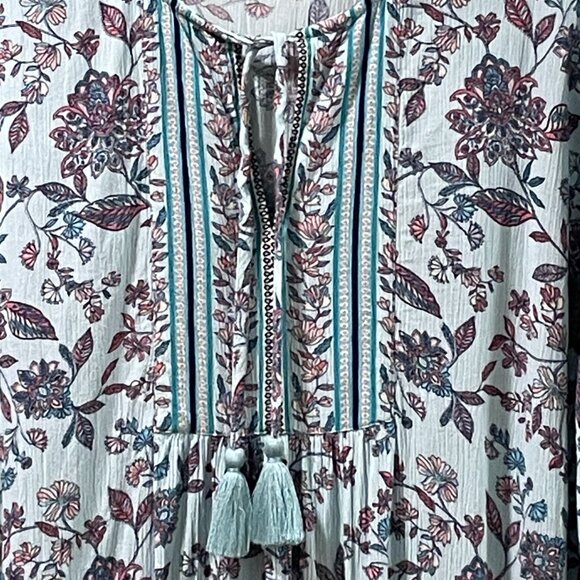 J. JILL Boho Floral Peasant Blouse 3/4 Sleeve Tassel Tie V-Neck, Aqua/Pink - XL - Picture 4 of 11